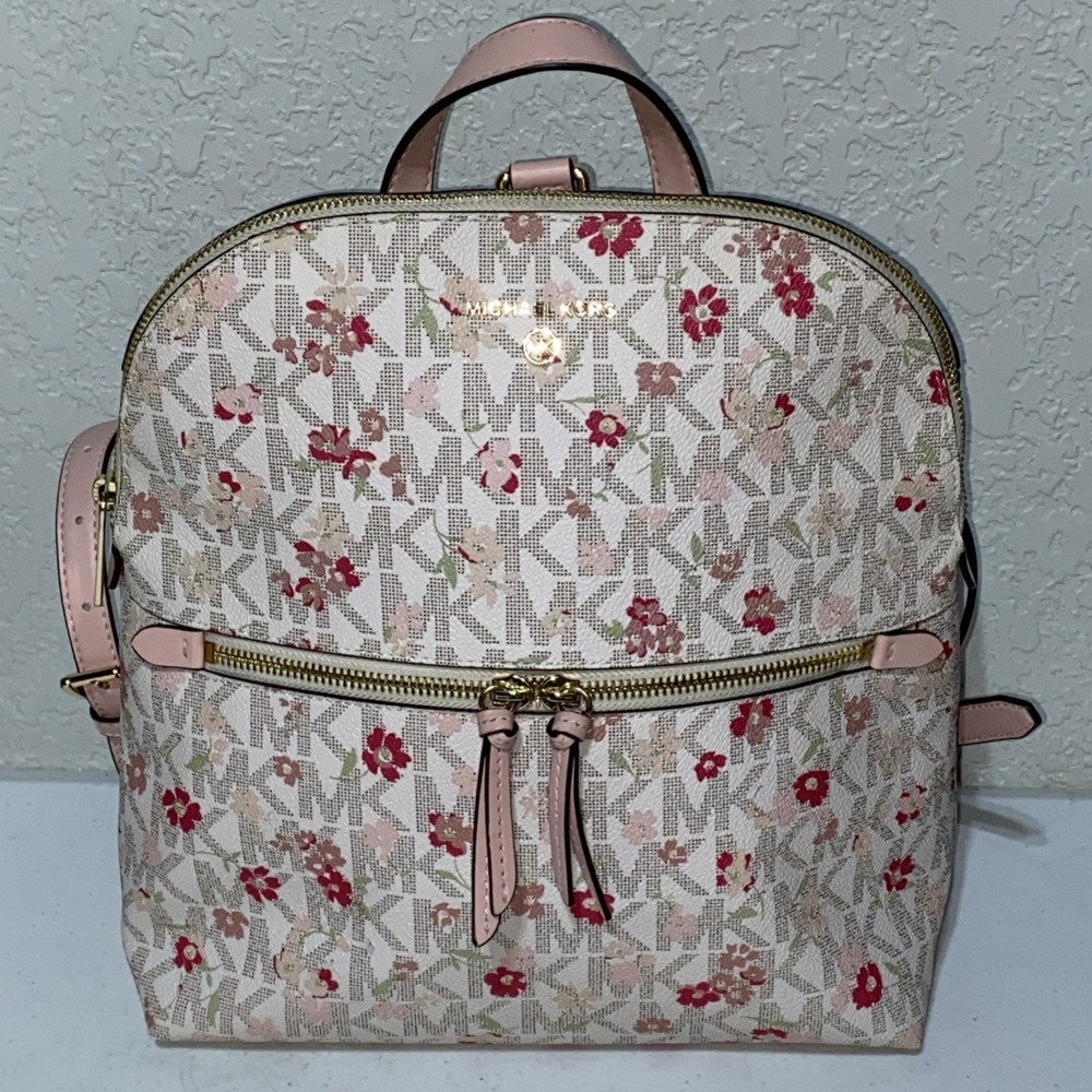 Michael Kors MK Floral Monogram Backpack Bag Purse Pink Leather Trim Gold Accent